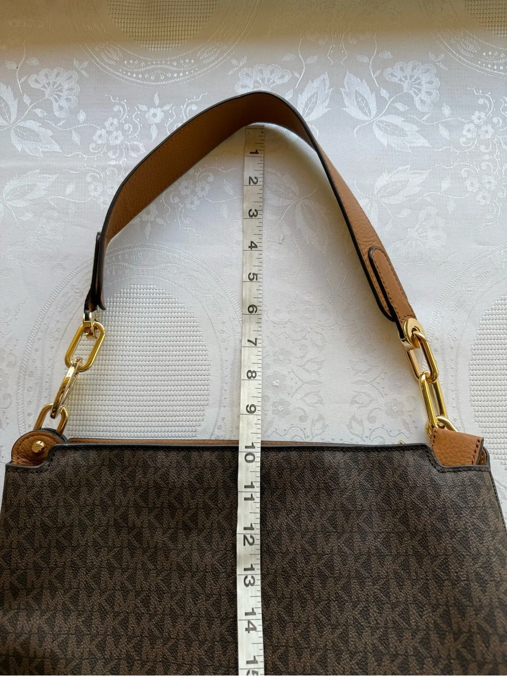 Michael Kors MK Brooke Brown Monogram Shoulder Hobo Bag with Gold-Tone Hardware